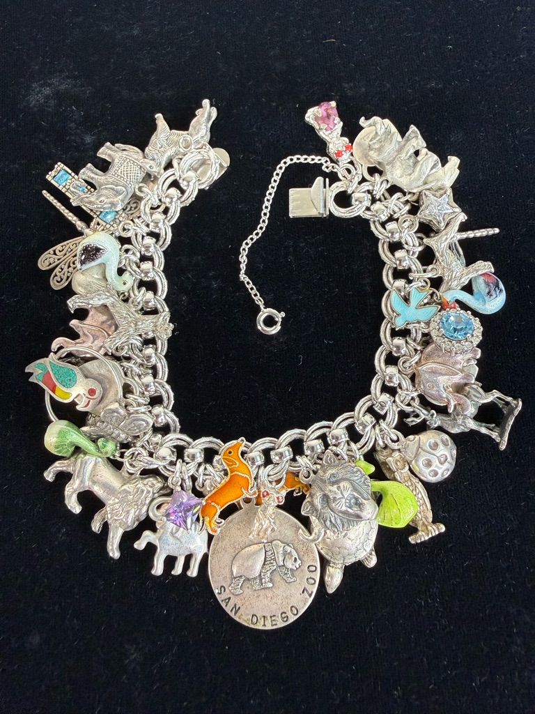 Vintage Loaded Sterling 925 Silver San Jose Zoo Animal 46 Charm Bracelet 101.2g